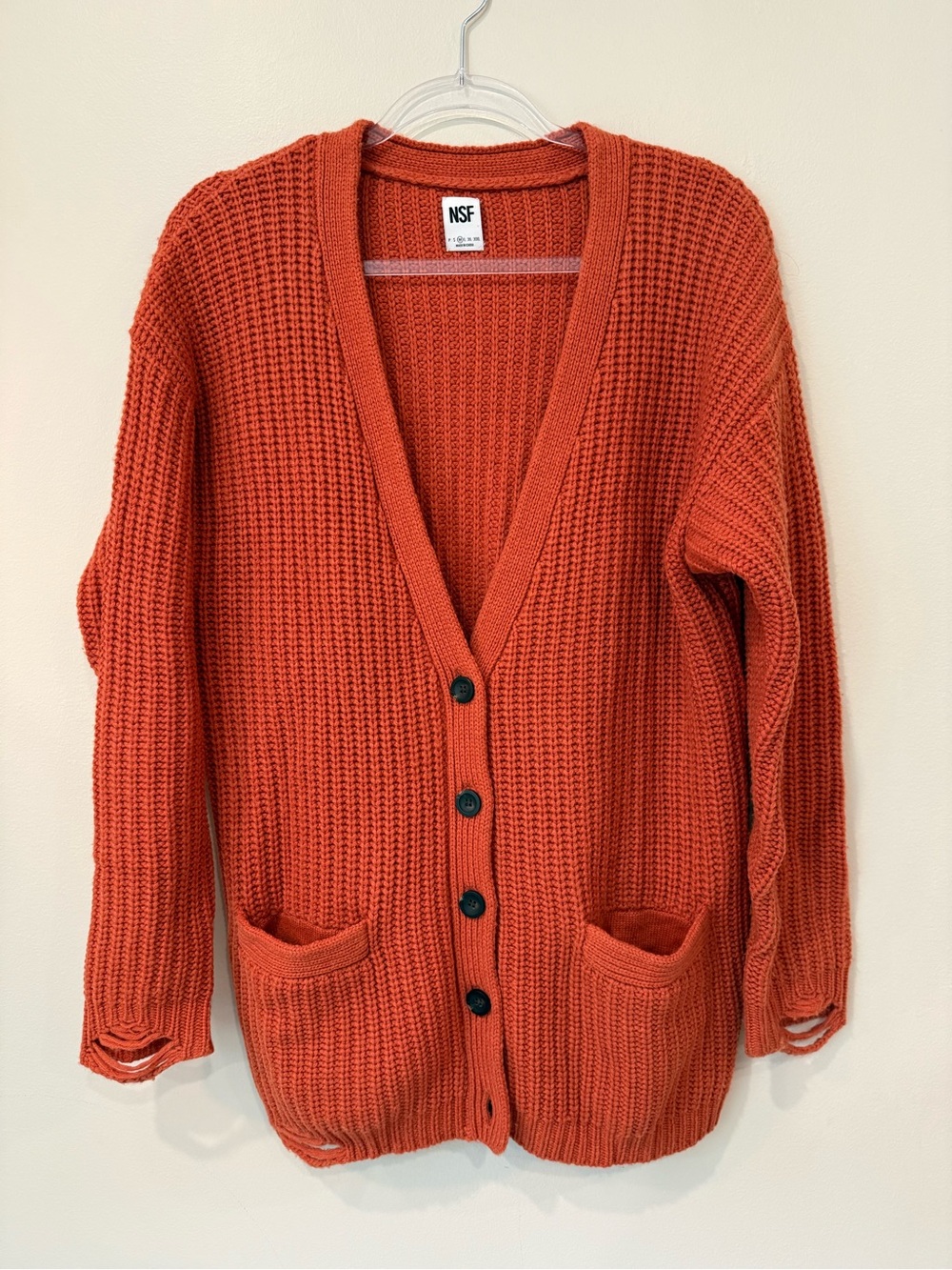 NSF Bryce Chunky Distressed Rib Knit Cardigan Orange Rust Fall Autumn Sz Medium